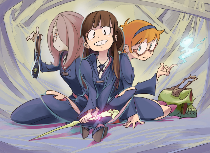 boots brown_hair glasses grin hair_over_one_eye hairband indian_style kagari_atsuko little_witch_academia lotte_jansson multiple_girls orange_hair pale_skin simonori sitting smile sucy_manbavaran wand