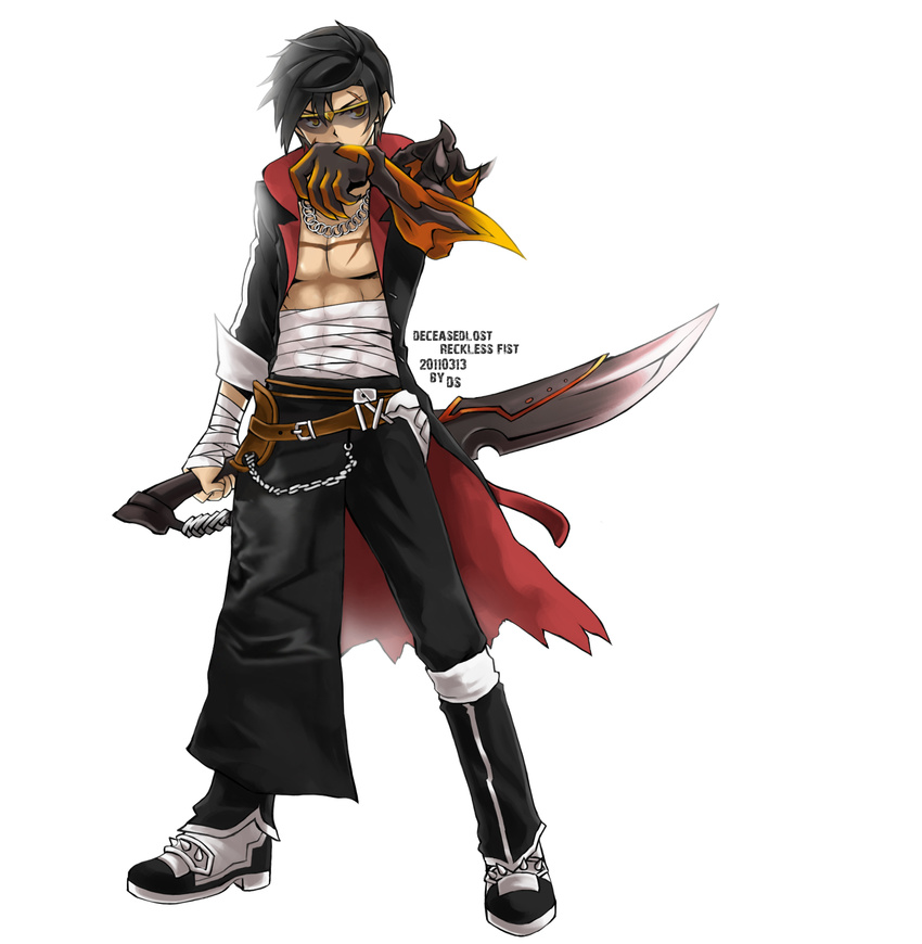 2011 alternate_costume asymmetrical_clothes bandages black_hair black_pants coat dated elsword full_body glasses highres ivy60530 jewelry male_focus mechanical_arm necklace pants raven_(elsword) reckless_fist_(elsword) reverse_grip sarashi scar shirtless shoes solo sword weapon white_background