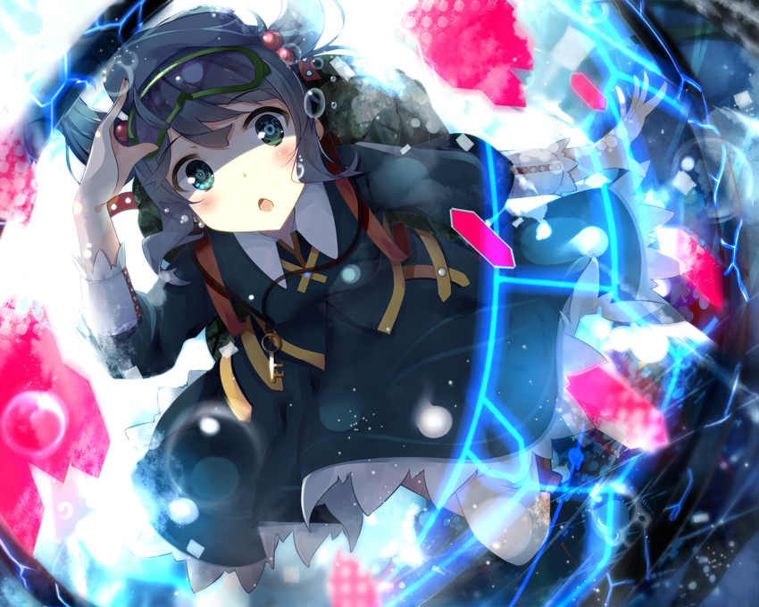 :o backpack bag benio_(dontsugel) blue_eyes blue_hair blush bubble diving_mask hair_bobbles hair_ornament hat highres kawashiro_nitori key long_sleeves looking_at_viewer open_mouth shirt skirt solo touhou two_side_up underwater