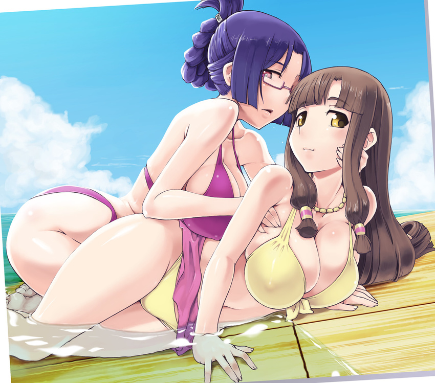 arched_back arm_support ass bare_shoulders barefoot bikini blue_hair breasts brown_eyes brown_hair cleavage folded_ponytail front-tie_top glasses jewelry kei_jiei kneeling large_breasts light_smile long_hair looking_at_viewer lying multiple_girls navel necklace on_side parted_lips partially_submerged red_eyes ridget_(suisei_no_gargantia) saaya_(suisei_no_gargantia) short_hair suisei_no_gargantia swimsuit thighs water yuri