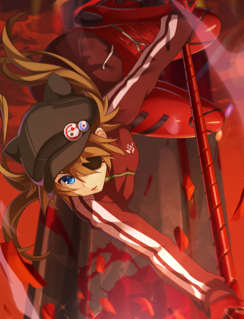 animal_hat blue_eyes brown_hair cat_hat evangelion:_3.0_you_can_(not)_redo eyepatch hat highres jacket lance_of_longinus long_hair looking_at_viewer neon_genesis_evangelion plugsuit rebuild_of_evangelion shikinami_asuka_langley solo souryuu_asuka_langley track_jacket yato