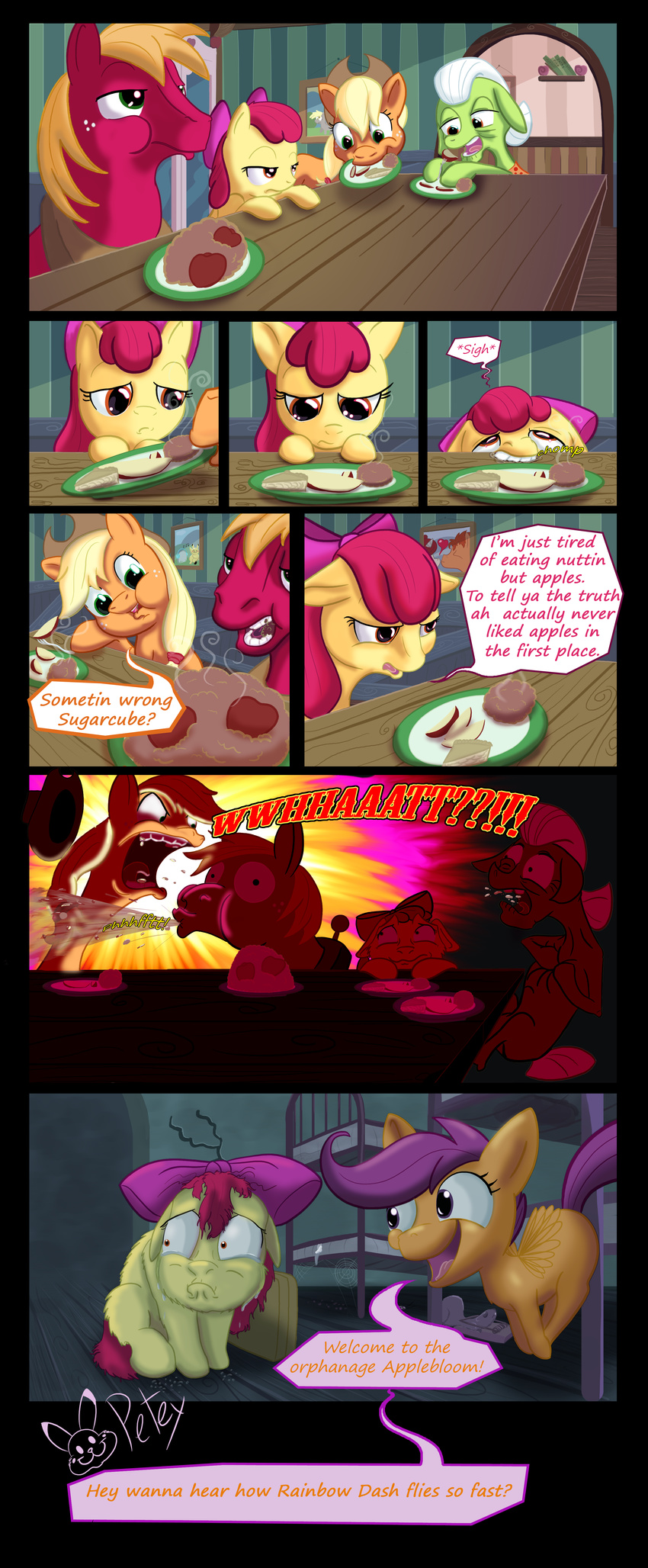 apple_bloom_(mlp) applejack_(mlp) big_macintosh_(mlp) blonde_hair comic cowboy_hat cub cutie_mark_crusaders_(mlp) dialog english_text equine female feral freckles friendship_is_magic fur granny_smith_(mlp) green_eyes hair hat horse male mammal my_little_pony old open_mouth pegasus pikapetey pony scootaloo_(mlp) teeth text tongue wings yellow_fur young