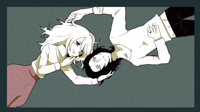 androgynous black_hair border canko christa_renz freckles hair_down hair_grab hand_on_another's_head highres lying monochrome multiple_girls shingeki_no_kyojin short_hair smile spot_color white_hair ymir_(shingeki_no_kyojin)