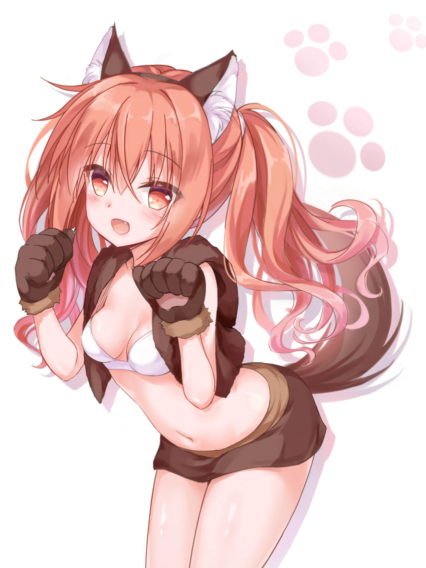 1girl :d animal_ear_fluff animal_ears bangs blush breasts brown_eyes brown_hair brown_hairband brown_skirt cannian_dada commentary_request dog_ears dog_girl dog_tail eyebrows_visible_through_hair fake_animal_ears fang gloves hair_between_eyes hairband hands_up highres inaba_meguru long_hair looking_at_viewer miniskirt navel open_mouth paw_gloves paws sanoba_witch shadow sidelocks skirt small_breasts smile solo tail twintails very_long_hair white_background