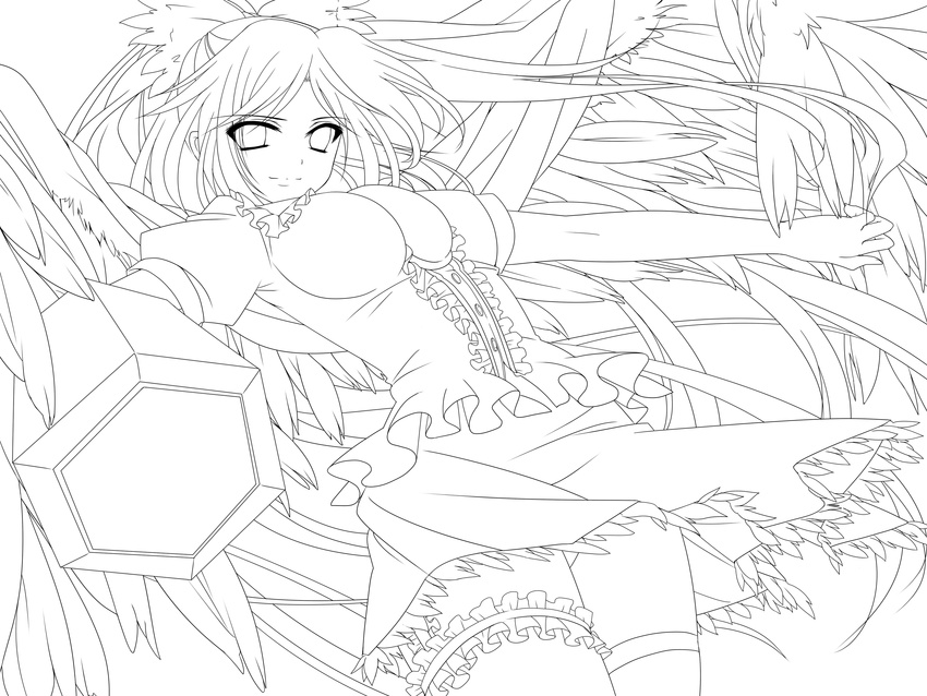 absurdres arm_cannon bow breasts feathered_wings greyscale hair_bow highres large_breasts lineart long_hair looking_at_viewer moneti_(daifuku) monochrome panties puffy_short_sleeves puffy_sleeves reiuji_utsuho short_sleeves skirt solo thigh_strap touhou underwear weapon wings