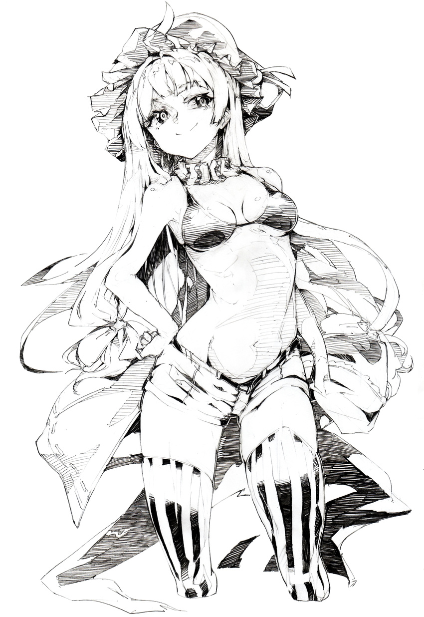 bikini_top breasts cropped_legs graphite_(medium) greyscale hand_on_hip hat highres medium_breasts monochrome navel oshake patchouli_knowledge short_shorts shorts smile solo striped striped_legwear thighhighs touhou traditional_media vertical-striped_legwear vertical_stripes