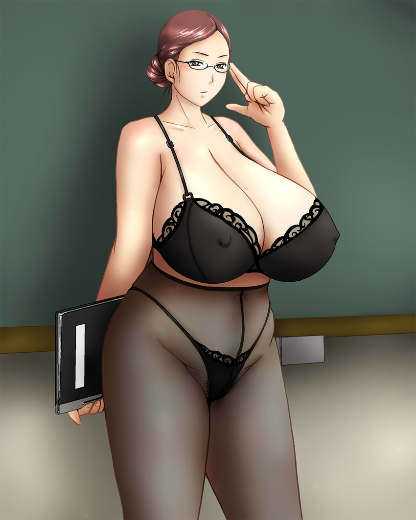 1girl adjusting_glasses black_bra black_panties blush book bra breasts brown_hair chalkboard cleavage covered_nipples erect_nipples gigantic_breasts glasses hair_bun hair_up highres holding inomaru lace-trimmed_bra lace-trimmed_panties lingerie milf panties pantyhose pubic_hair short_hair solo standing teacher underwear