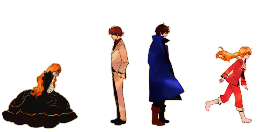 3boys androgynous bad_id bad_pixiv_id beatrice blonde_hair boots brown_hair coat cravat dress formal hair_down hands_in_pockets hands_on_own_face long_hair multiple_boys nobicco ponytail red_hair running short_hair sitting suit umineko_no_naku_koro_ni ushiromiya_battler ushiromiya_lion willard_h_wright