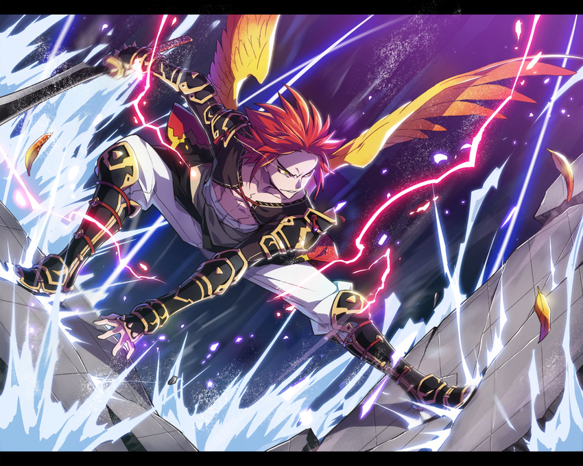 angry boots fighting_stance full_body knee_boots kyousaku male_focus mygrimoire pants red_hair shirtless solo squatting sword waka-sama_(mygrimoire) weapon wings yellow_eyes