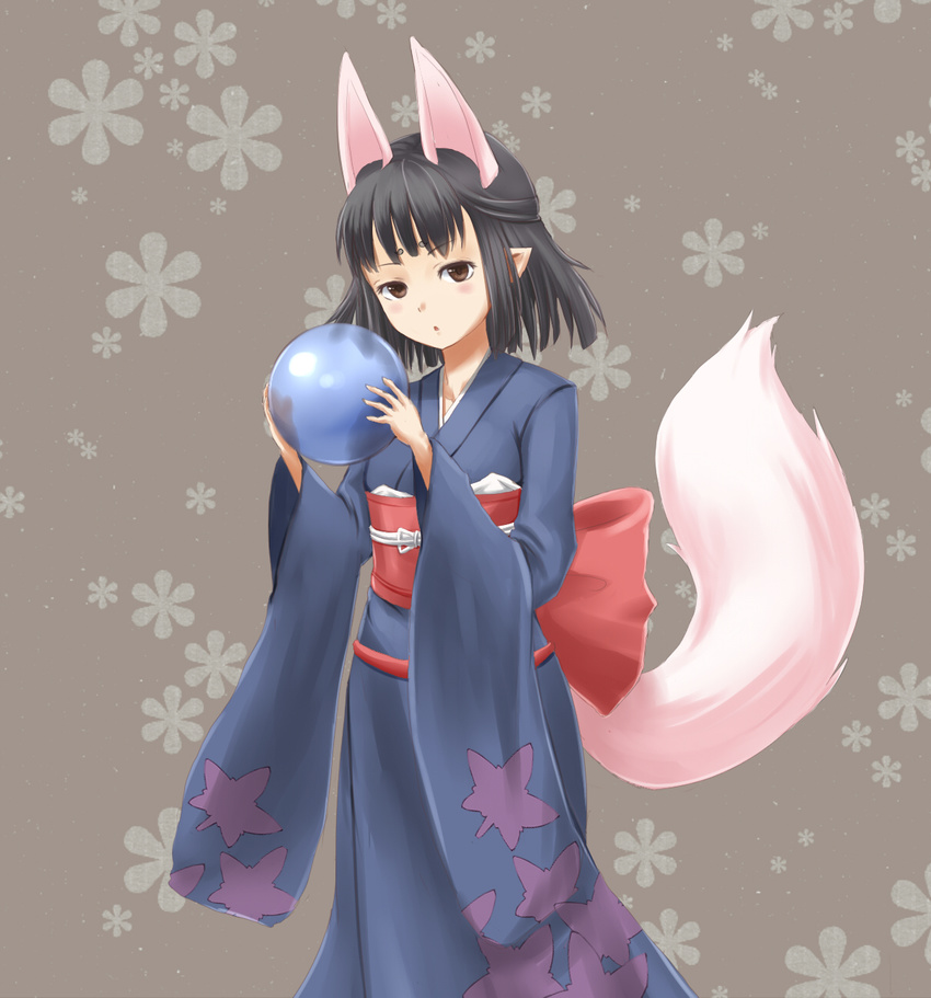 animal_ears black_hair brown_eyes crystal_ball elf female flower fox_ears fox_tail highres japanese_clothes kimono looking_at_viewer pointy_ears short_hair solo tail takkayaa_(wasshi3) wolf_ears wolf_tail