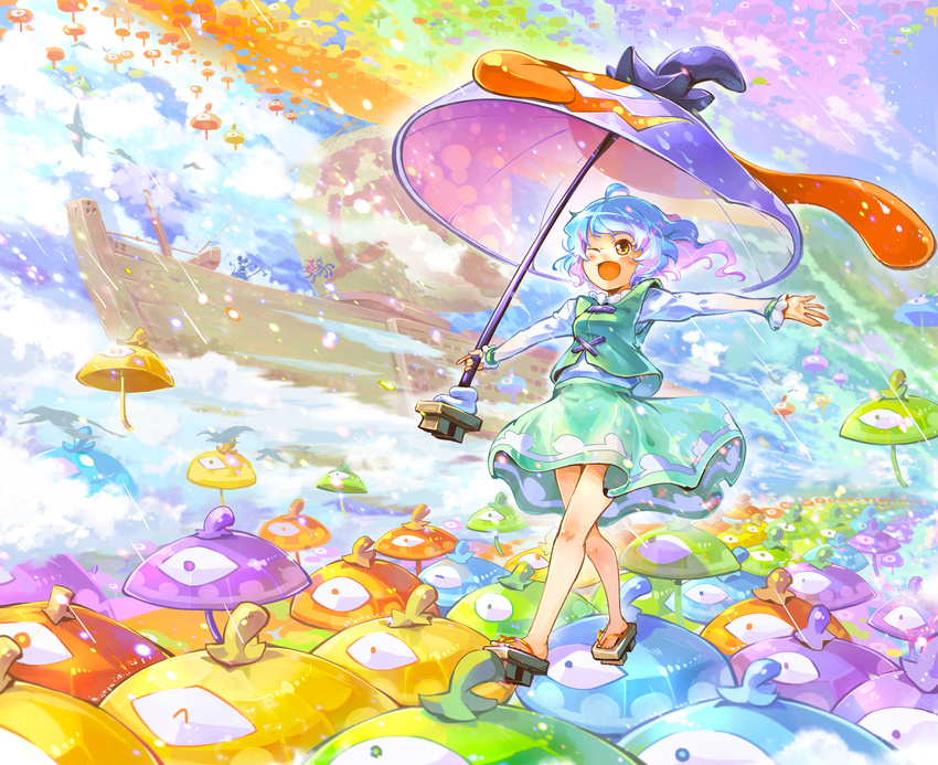 ;d animal_ears asymmetrical_wings blue_hair boat colorful dowsing_rod error geta highres houjuu_nue im_(badmasa) implied_pantyshot karakasa_obake long_sleeves mouse_ears multiple_girls nazrin one_eye_closed open_mouth outstretched_arms purple_umbrella rain rainbow_gradient rainbow_order ship shirt skirt skirt_set smile spread_arms tatara_kogasa touhou umbrella vest walking watercraft wings wrong_feet