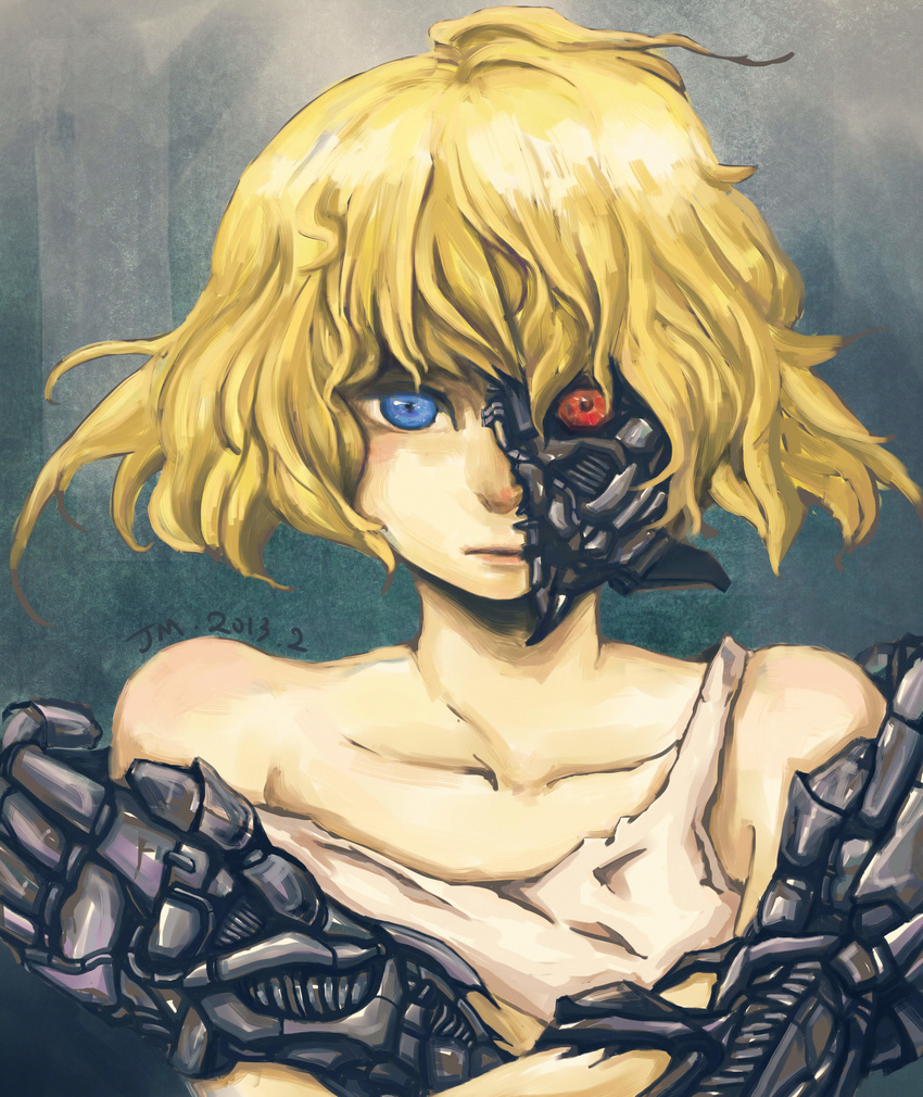 2013 absurdres blonde_hair blue_eyes cyborg dated heterochromia highres lips red_eyes scp-191 scp_foundation short_hair solo strap_slip tank_top
