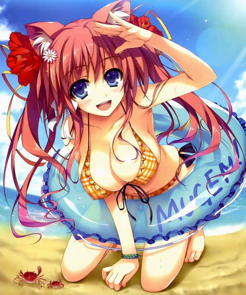 :d absurdres animal_ears arm_support bad_id bad_yandere_id bare_shoulders barefoot bikini blue_eyes blue_sky blush bracelet breasts cat_ears cleavage covered_nipples crab day dengeki_moeou feet fisheye flower frilled_bikini frills front-tie_top hair_flower hair_ornament hairclip hibiscus highres innertube jewelry kneeling large_breasts long_hair looking_at_viewer open_mouth original pink_hair plaid salute sky smile solo strap_gap swimsuit toes tomose_shunsaku twintails