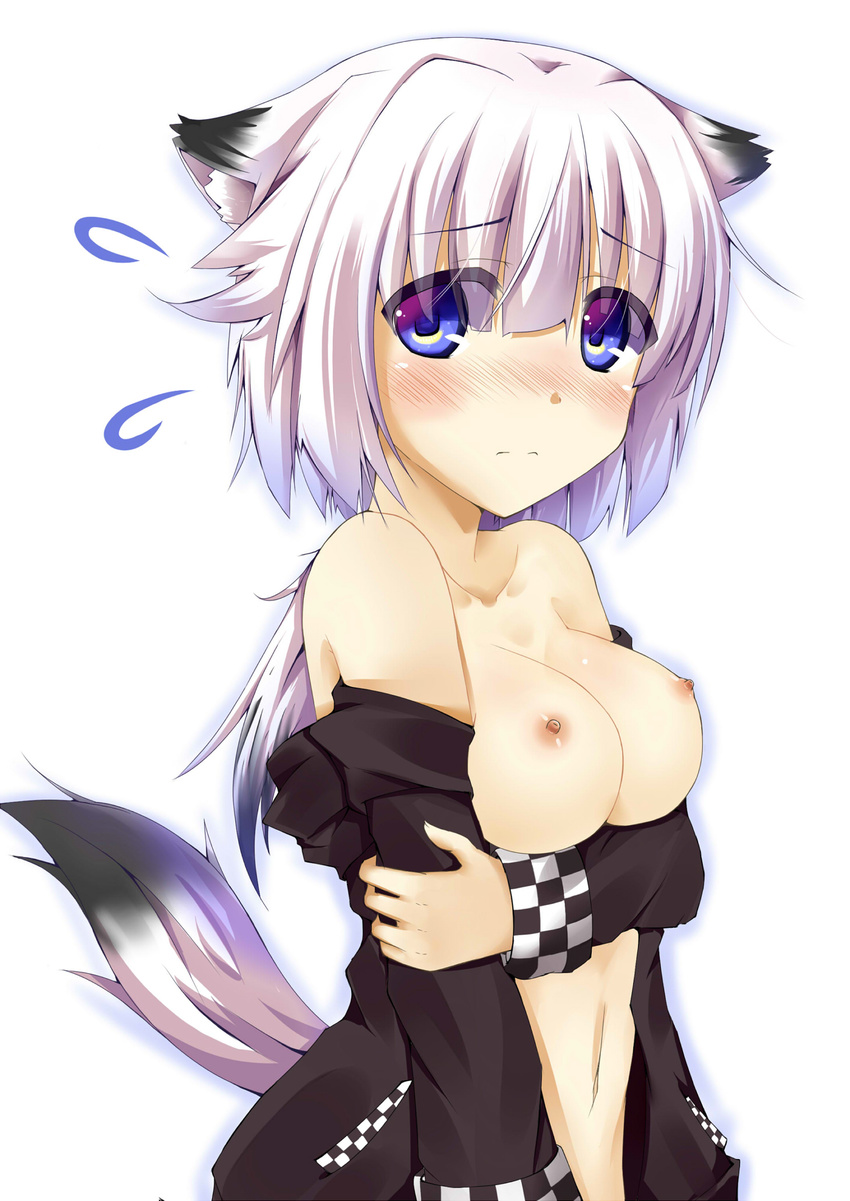 animal_ears bare_shoulders blue_eyes blush breasts canine clothing embarrassed female hi_res human inumimi looking_at_viewer mammal nipples open_clothes open_shirt plain_background segaxtu shirt simple_background solo wolf wolf_ears wolf_tail