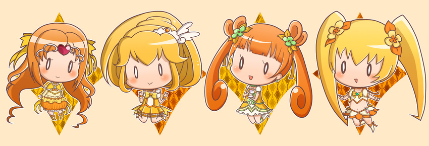 4girls :&gt; blonde_hair blush bow chibi color_connection cup cure_muse_(yellow) cure_peace cure_rosetta cure_sunshine dokidoki!_precure hair_flaps heartcatch_precure! highres jumping kise_yayoi midriff multiple_girls myoudouin_itsuki orange_hair ponytail precure shirabe_ako skirt smile_precure! suite_precure sutourururu teacup tiara twintails yellow_bow yellow_skirt yotsuba_alice