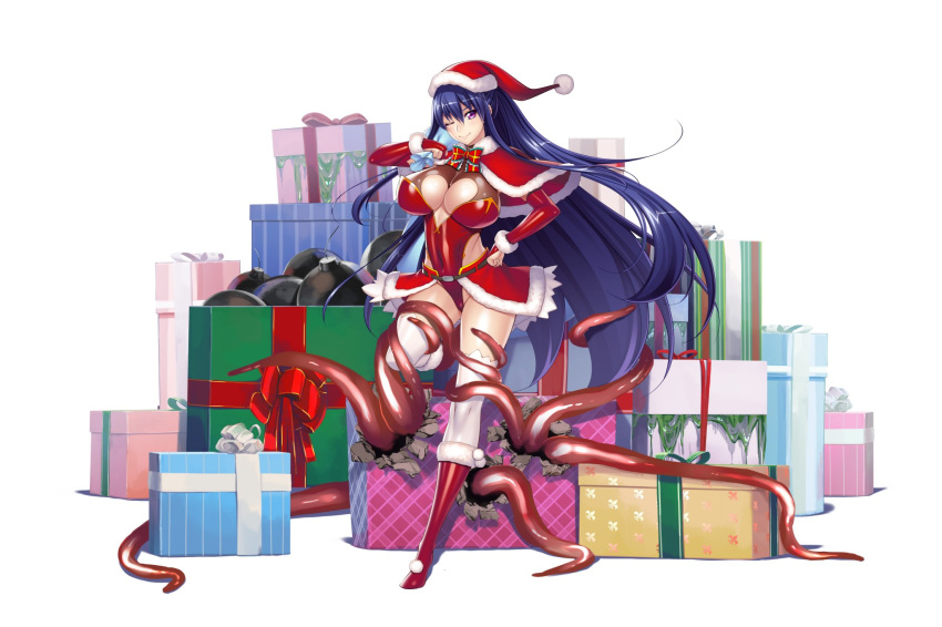 akiyama_rinko aoi_nagisa_(metalder) blue_hair blush boots box breasts christmas creature curvy female full_body happy hat highleg highleg_leotard huge_breasts jumping leotard lilith-soft long_hair looking_at_viewer purple_eyes santa_hat shiny shiny_hair shiny_skin simple_background smile taimanin_(series) taimanin_asagi taimanin_rpgx taimanin_yukikaze tentacle thighs very_long_hair white_background wink