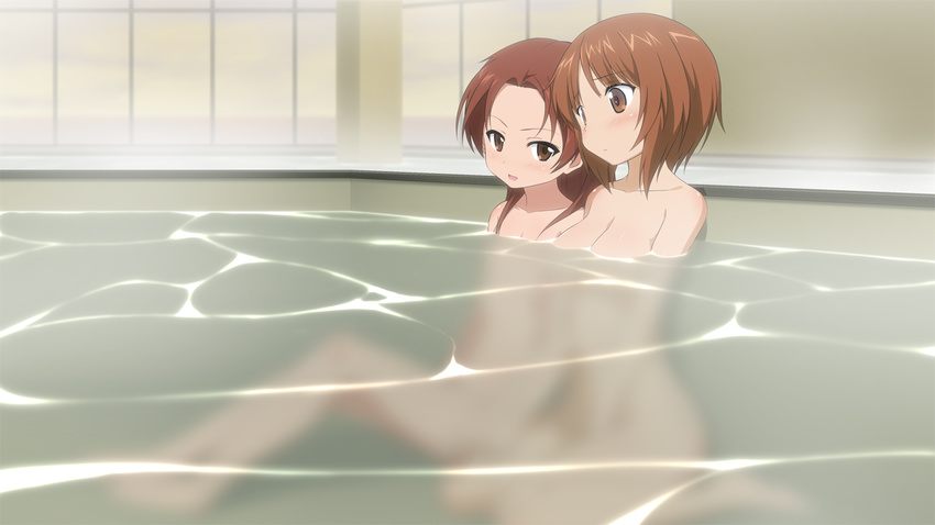 banned_artist bathing blush breasts brown_eyes brown_hair censored cleavage convenient_censoring girls_und_panzer kadotani_anzu medium_breasts moritan multiple_girls nishizumi_miho nude red_hair small_breasts yuri