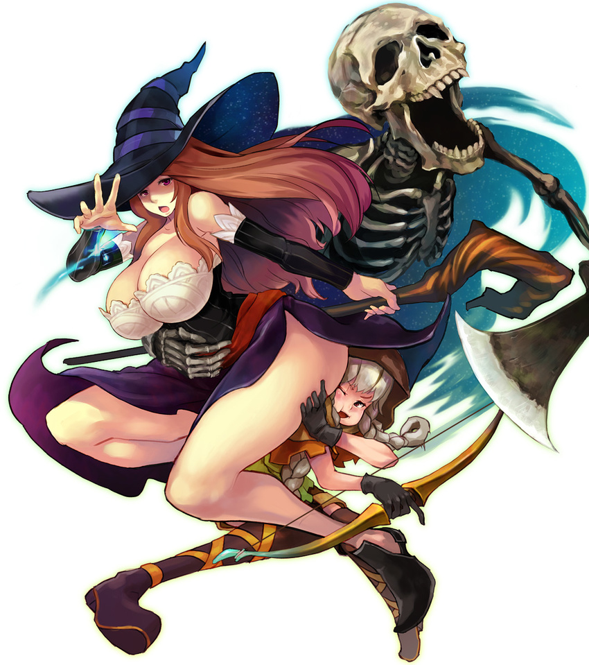 ;t ass axe bad_id bad_pixiv_id bare_shoulders braid breasts brown_hair chestnut_mouth cleavage detached_sleeves dragon's_crown dress elf elf_(dragon's_crown) gloves hat highres hood huge_breasts long_hair magic multiple_girls open_mouth pointy_ears skeleton sorceress_(dragon's_crown) strapless strapless_dress suna_(sunagawa) thick_thighs thighhighs thighs weapon