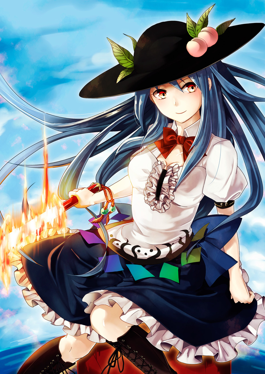 blouse blue_hair blue_sky boots bow bowtie breasts cleavage cloud cross-laced_footwear fire food fruit hat highres hinanawi_tenshi knee_boots knees_together_feet_apart leaf long_hair looking_away medium_breasts memai peach puffy_short_sleeves puffy_sleeves red_eyes short_sleeves skirt sky smile solo sword_of_hisou touhou