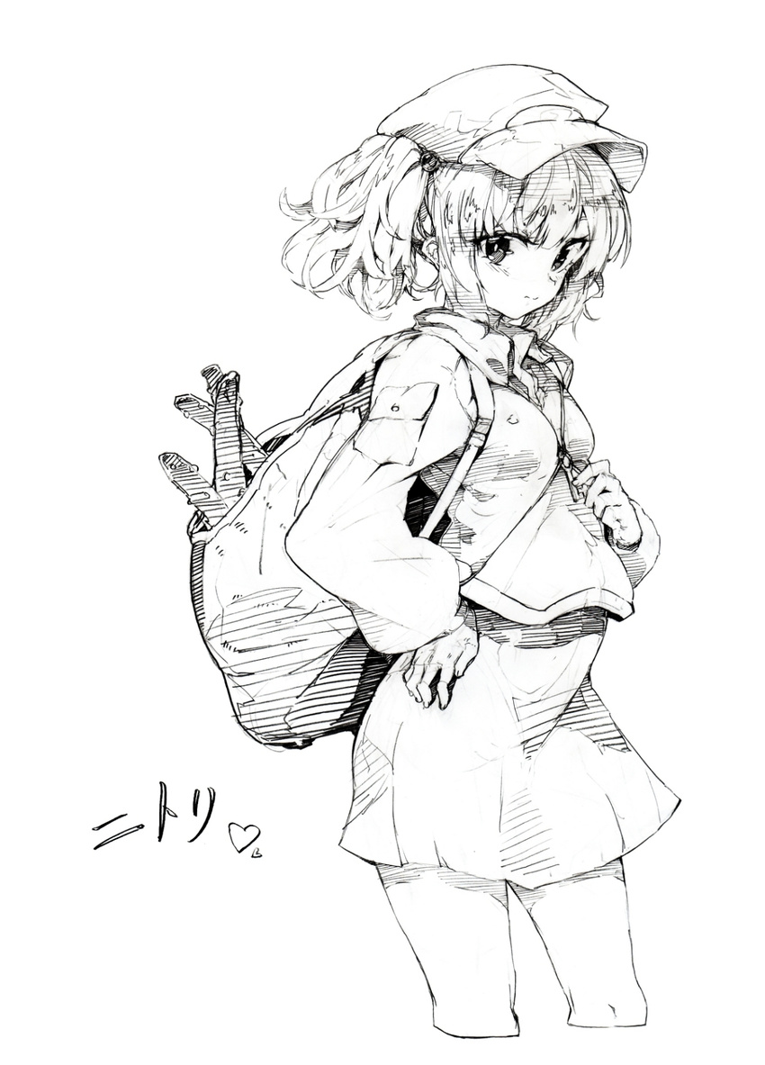 backpack bag character_name cropped_legs greyscale hand_on_hip hat heart highres kawashiro_nitori monochrome oshake simple_background solo touhou two_side_up white_background