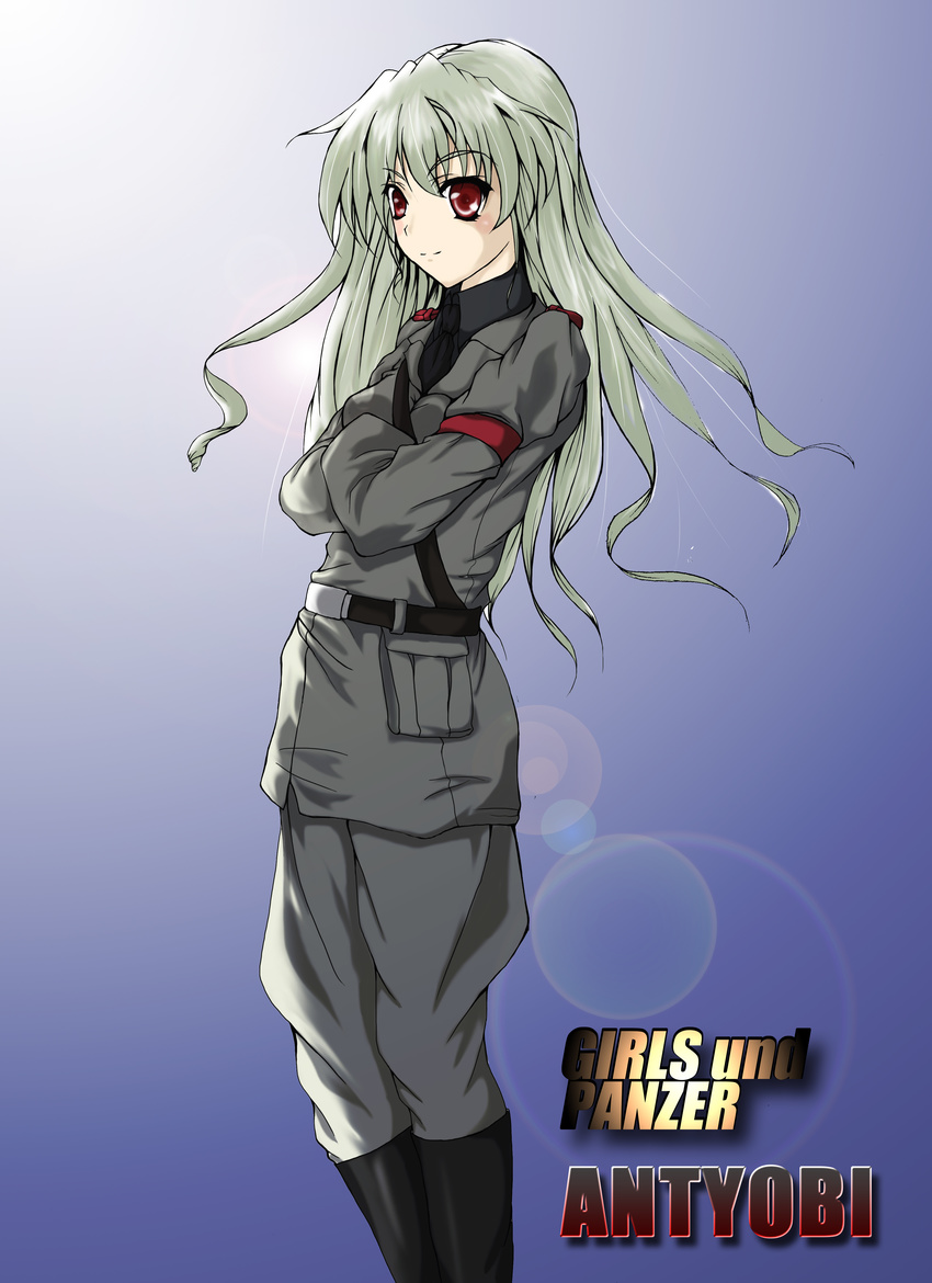 absurdres alternate_hairstyle anchovy anzio_military_uniform belt black_shirt boots character_name copyright_name crossed_arms dress_shirt english engrish girls_und_panzer green_hair grey_jacket grey_pants highres jacket knee_boots lens_flare long_hair long_sleeves looking_at_viewer military military_uniform nanmi_(nicoseiga) necktie pants ranguage red_eyes shirt shoulder_belt simple_background smile solo standing uniform