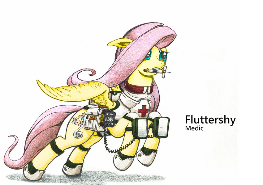 clothing cutie_mark english_text equine female feral fluttershy_(mlp) friendship_is_magic fur george5408 green_eyes hair horse mammal medic my_little_pony needle pegasus pink_hair plain_background pony solo syringe text wings yellow_fur