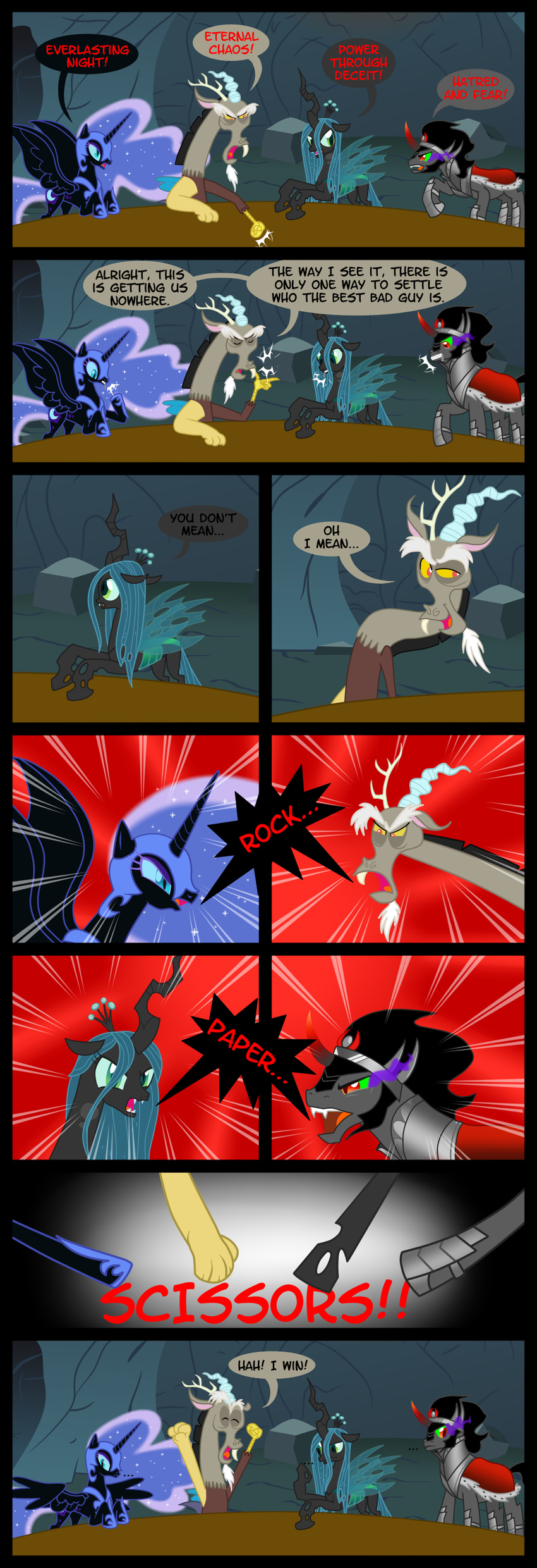 blue_hair changeling comic countdoofus cutie_mark discord_(mlp) draconequus english_text equine eye_mist fangs female feral friendship_is_magic green_eyes green_hair group hair helmet horn horse king_sombra_(mlp) male mammal my_little_pony nightmare_moon_(mlp) pony queen_chrysalis_(mlp) text unicorn winged_unicorn wings zipper_mouth
