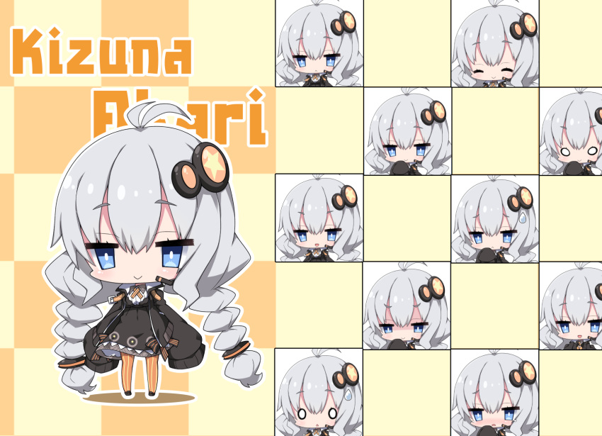 0_0 1girl :&lt; :d ^_^ antenna_hair bangs black_dress black_footwear black_jacket blue_eyes blush braid breasts character_name checkered checkered_background chibi closed_eyes closed_mouth commentary_request dress expressions eyebrows_visible_through_hair eyes_closed hair_between_eyes hair_ornament hand_up headset highres jacket kizuna_akari long_hair long_sleeves low_twintails medium_breasts milkpanda multiple_views nose_blush open_clothes open_jacket open_mouth orange_legwear pantyhose parted_lips shaded_face sleeves_past_fingers sleeves_past_wrists smile striped striped_legwear sweatdrop triangle_mouth twin_braids twintails v-shaped_eyebrows vertical-striped_legwear vertical_stripes very_long_hair voiceroid wide_sleeves