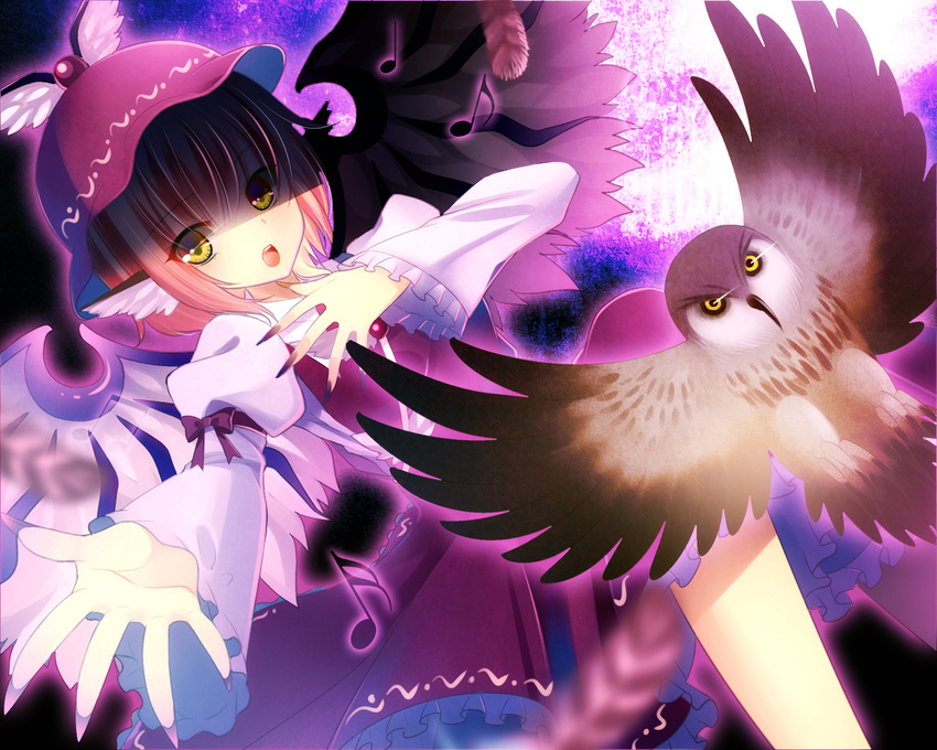 animal_ears bad_id bad_pixiv_id bird dutch_angle feathers fingernails hat highres long_fingernails looking_at_viewer mystia_lorelei nail_polish outstretched_hand owl pink_hair shaded_face short_hair solo tougetsu_hajime touhou yellow_eyes