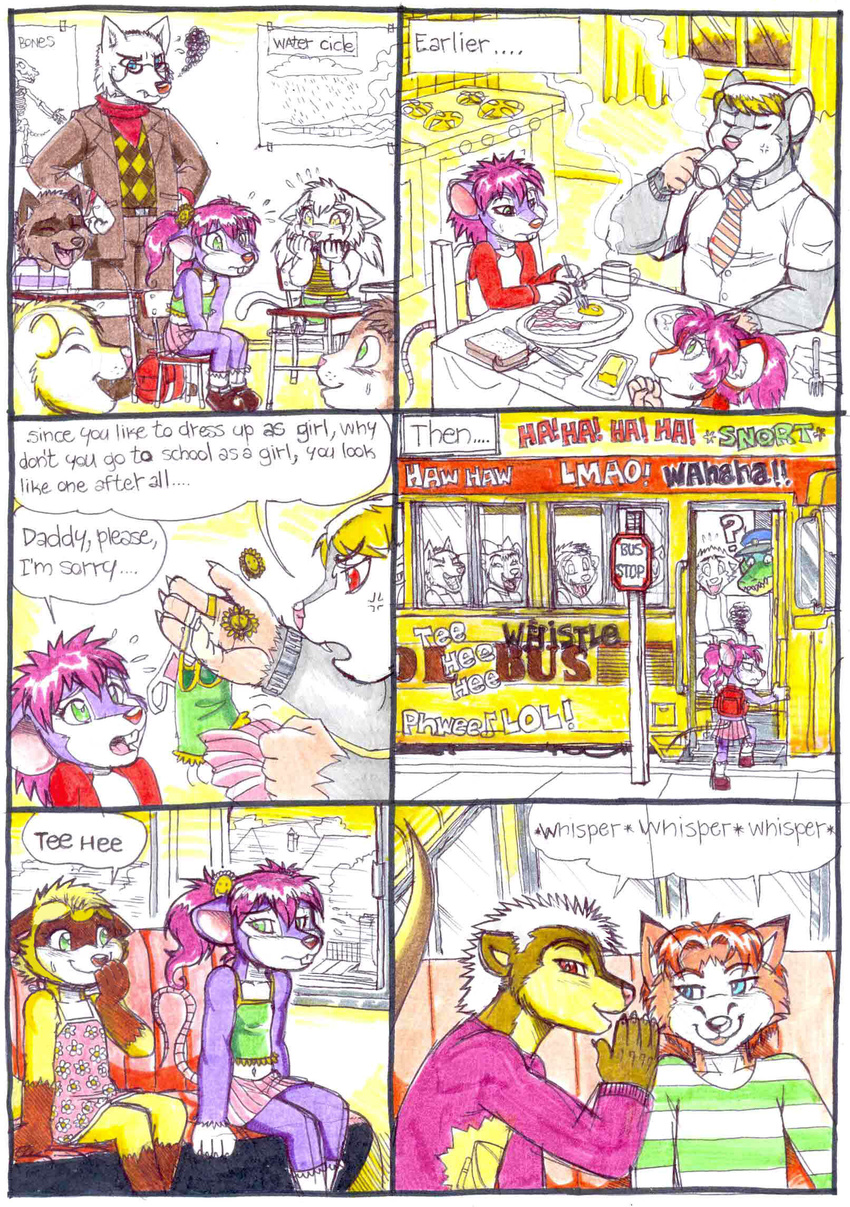 angry annoyed anthro backpack bad_parenting blonde_hair blue_eyes breakfast bus canine clothing comic crossdressing dialog embarrassed english_text eyewear father feline female fox girly glasses green_eyes group hair humiliation humor improper_parenting laugh mad male mammal mariano mouse mustelid outside parent public purple_hair raccon raccoon red_eyes rodent student teacher text yellow_eyes