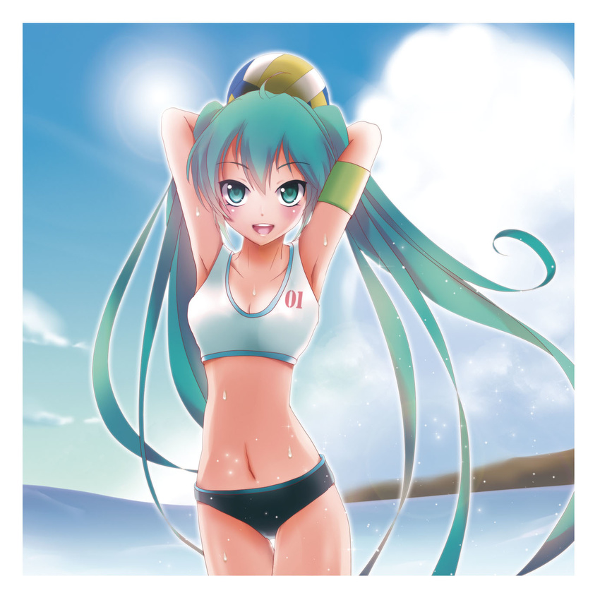 armpits arms_up ball cloud day green_eyes green_hair hatsune_miku highres konbeki long_hair midriff navel open_mouth sky solo twintails very_long_hair vocaloid wet