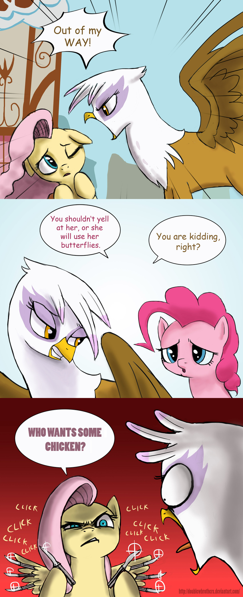 avian beak blue_eyes brown_fur butterfly_knife comic doublewbrothers equine female feral fluttershy_(mlp) friendship_is_magic fur gilda_(mlp) group gryphon hair horse knife mammal my_little_pony one_eye_closed pegasus pink_fur pink_hair pinkie_pie_(mlp) pony tongue tongue_out weapon wings yellow_eyes yellow_fur