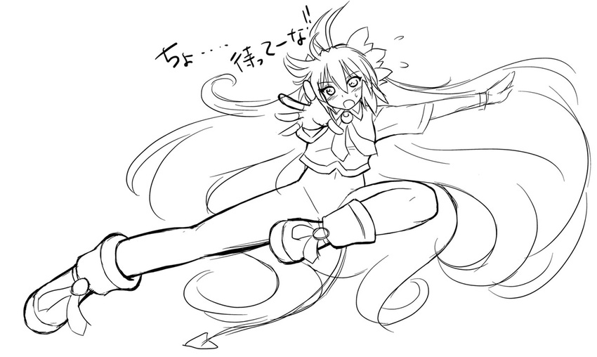 absurdly_long_hair demon_tail full_body gomamiso_(gomamiso_sp) greyscale long_hair looking_at_viewer miwajou monochrome open_mouth original outstretched_arms simple_background solo tail translation_request very_long_hair white_background