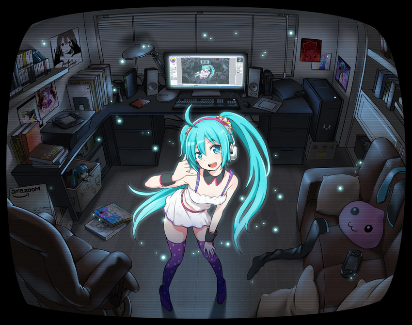 \m/ annie_hastur aqua_eyes aqua_hair bookshelf box computer_tower couch desk game_console handheld_game_console hatsune_miku headphones highres keyboard_(computer) league_of_legends leaning_forward long_hair mikudayoo monitor mouse_(computer) nintendo_3ds open_mouth patchouli_knowledge pillow playstation_3 playstation_vita polka_dot polka_dot_legwear poring ragnarok_online recliner recursion redial_(vocaloid) revision room smile solo speaker table tablet thighhighs touhou vocaloid wii_u yandere_trance zaxwu