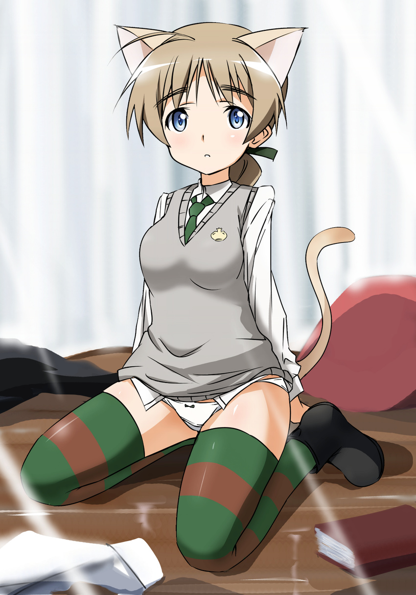 animal_ears blonde_hair blue_eyes braid breasts highres looking_at_viewer lynette_bishop medium_breasts multicolored multicolored_clothes multicolored_legwear necktie panties parted_lips seiza single_braid sitting solo strike_witches striped striped_legwear sweater_vest tail thighhighs tokiani underwear white_panties world_witches_series