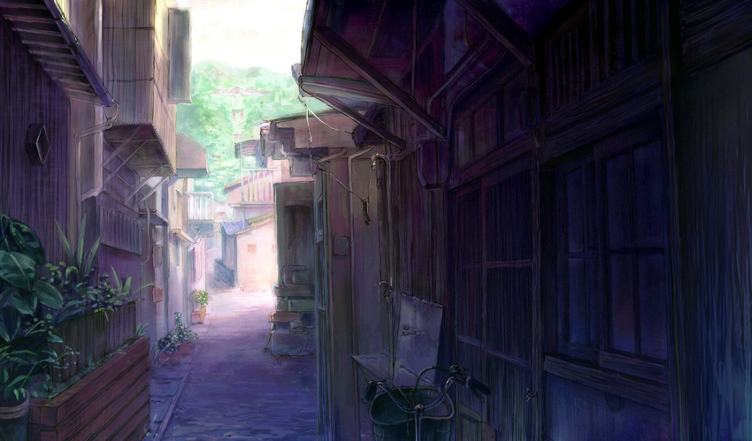 bad_id bad_pixiv_id bicycle commentary door ground_vehicle heriki_(trkj) hill kamichu! no_humans onomichi_(city) plant potted_plant railing scenery shrine window