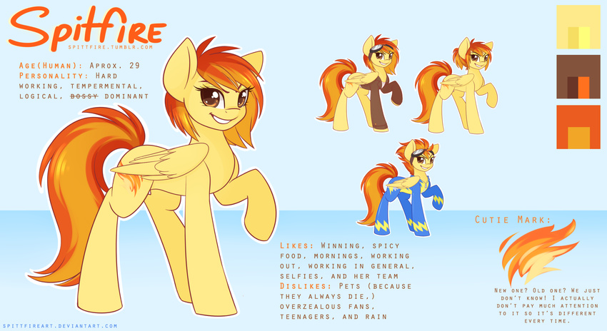 brown_eyes clothing cutie_mark english_text equine eyewear female feral flight_jacket friendship_is_magic goggles hair horse jacket mammal model_sheet my_little_pony orange_hair pegasus pony ponytail skinsuit solo spitfire_(mlp) spittfire text two_tone_hair wings wonderbolts_(mlp)