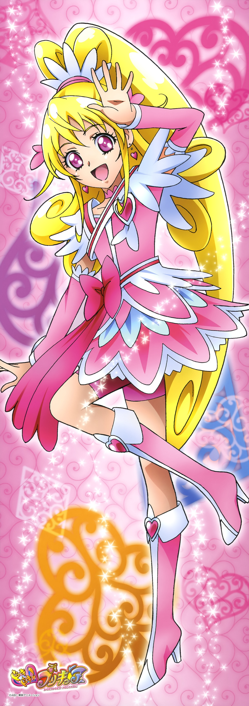 absurdres aida_mana blonde_hair boots bow choker cure_heart dokidoki!_precure dress earrings happy heart highres jewelry long_hair pink_bow pink_footwear pink_sleeves ponytail precure red_eyes ribbon solo takahashi_akira