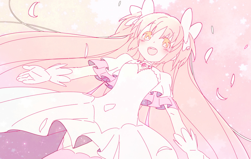 bad_id bad_pixiv_id dress gloves hair_ribbon kaname_madoka long_hair mahou_shoujo_madoka_magica monochrome muhogame open_mouth pink ribbon smile solo two_side_up ultimate_madoka very_long_hair white_dress