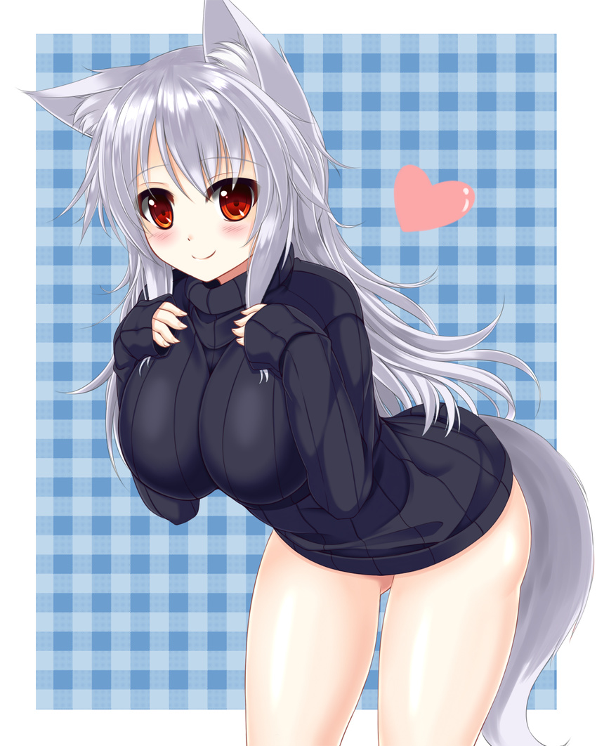 animal_ear_fluff animal_ears blush breasts character_request eyebrows_visible_through_hair highres large_breasts long_hair naked_sweater original red_eyes ribbed_sweater silver_hair smile sogaya solo sweater tail wolf_ears wolf_tail