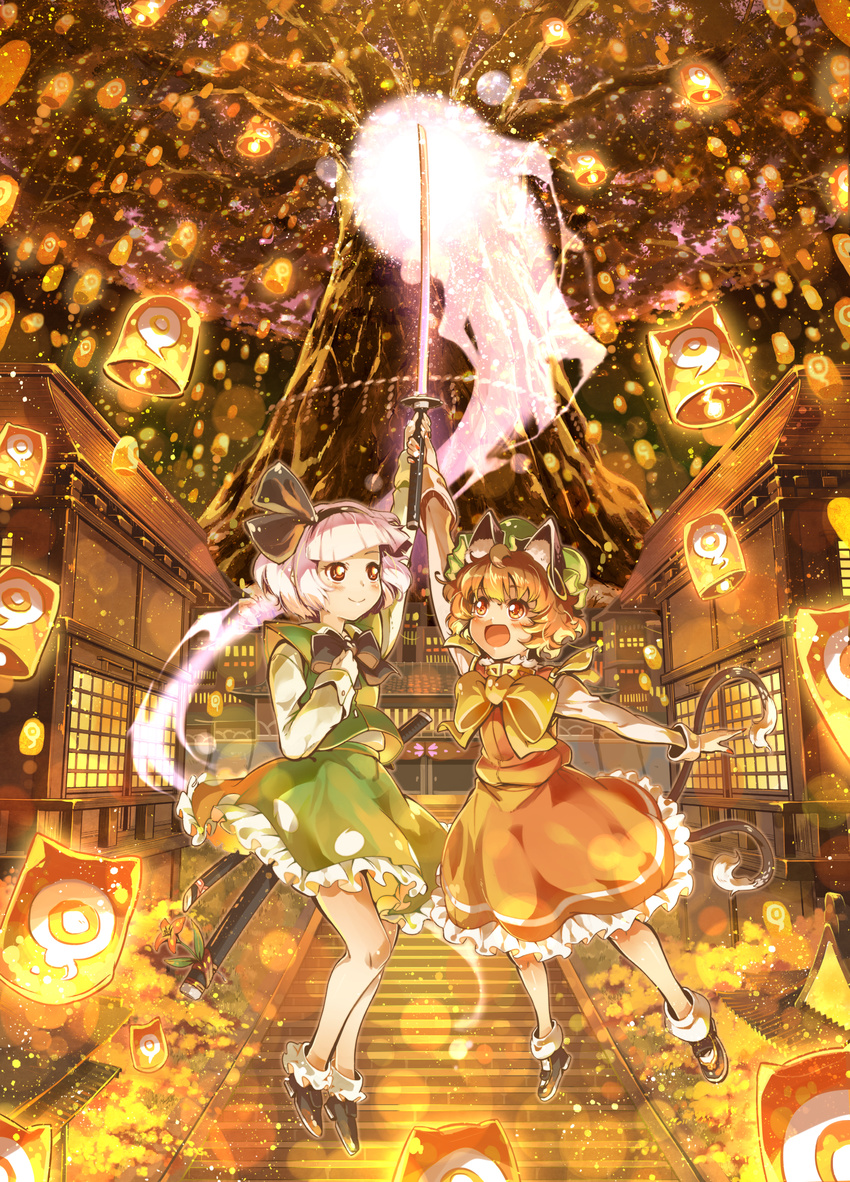 :d animal_ears architecture arm_up bangs blunt_bangs bob_cut bow brown_eyes brown_hair cat_ears cat_tail chen cherry_blossoms dress earrings east_asian_architecture floating hair_ribbon hat highres im_(badmasa) jewelry katana konpaku_youmu konpaku_youmu_(ghost) lantern long_sleeves multiple_girls multiple_tails nail_polish nekomata open_mouth red_dress ribbon rope saigyou_ayakashi shimenawa shirt short_hair silver_hair single_earring skirt skirt_set smile stairs sword tail touhou tree vest weapon