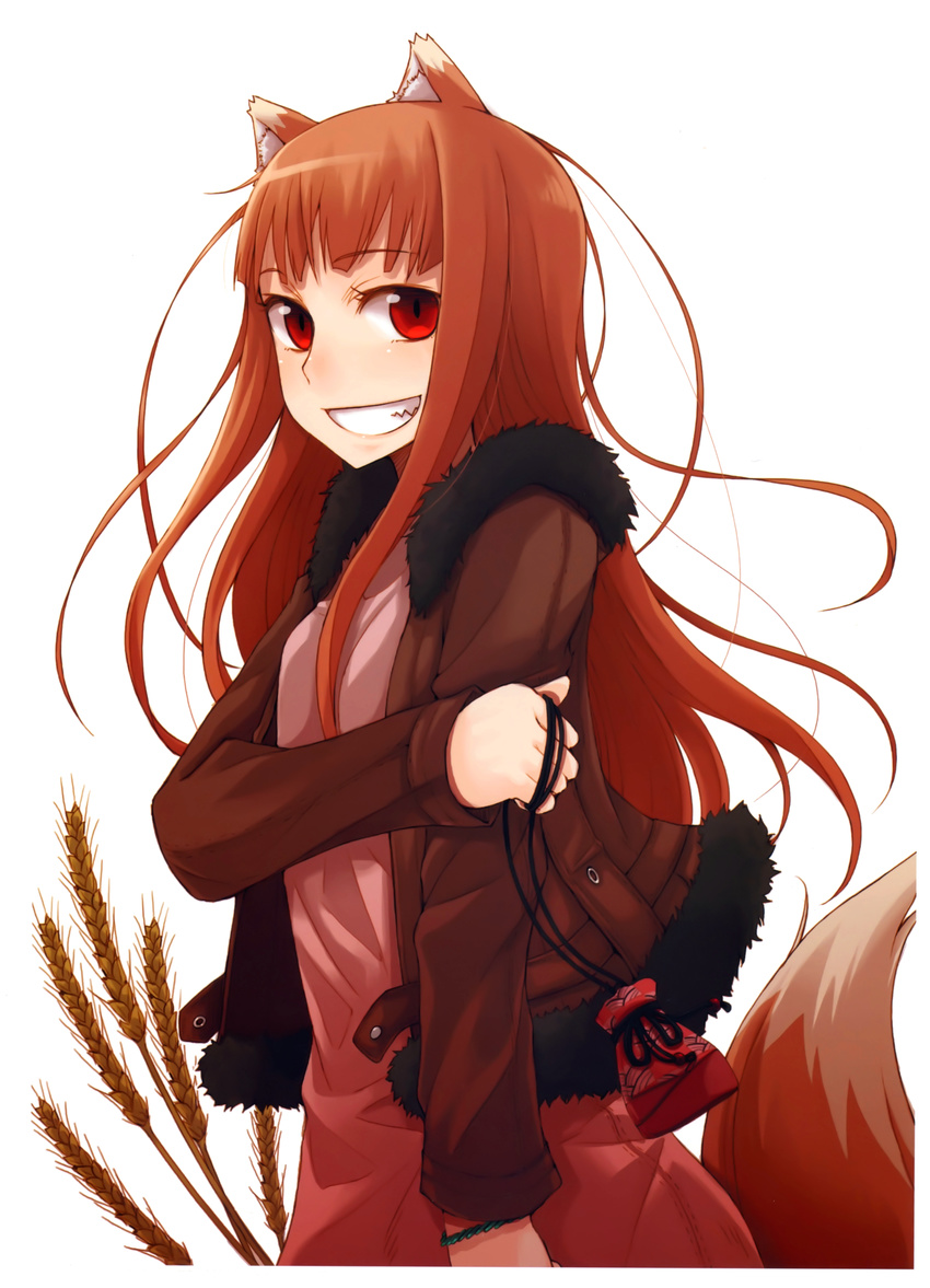 absurdres animal_ears ayakura_juu brown_hair dress fur_trim grin highres holo jacket long_hair looking_at_viewer pouch red_eyes scan smile solo spice_and_wolf tail wheat wolf_ears wolf_tail wristband