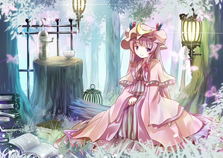 blush book bow bug butterfly cage capelet crescent cup dress hat insect lantern long_hair patchouli_knowledge pot purple_eyes purple_hair ribbon risutaru sitting touhou