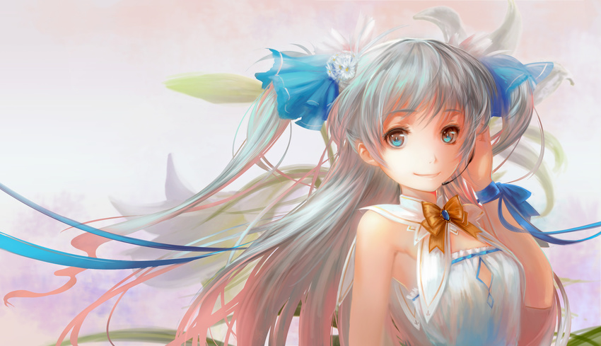 absurdres aqua_eyes aqua_hair detached_collar flower hair_flower hair_ornament hair_ribbon highres long_hair original ribbon samanta sleeveless smile solo wrist_ribbon