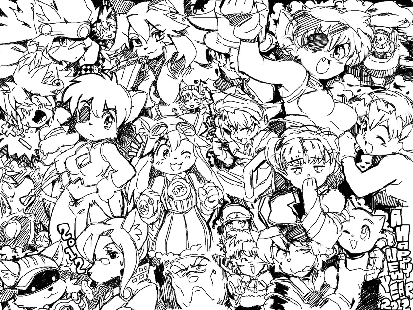 6+girls alicia_priss blush breasts chocolat_gelato cleavage_cutout everyone eyepatch flare_priss furry glasses goggles goggles_on_head greyscale hands_on_hips hat highres medium_breasts merveille_million monochrome multiple_girls oekaki one_eye_closed open_mouth opera_kranz oyatsu_(mk2) panta_(tail_concerto) short_hair sketch smile solatorobo tail_concerto waffle_ryebread