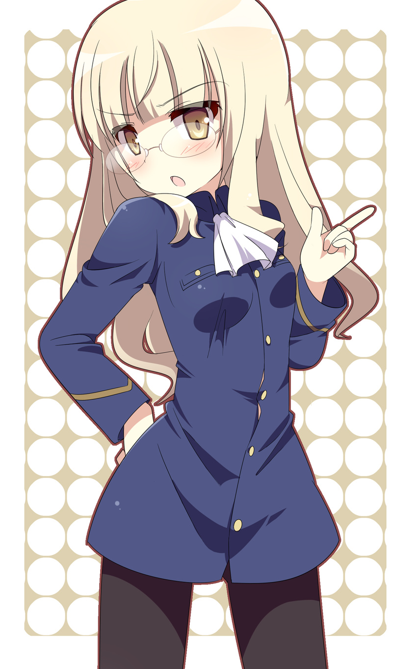 :o ascot black_legwear blonde_hair blush glasses hand_on_hip highres index_finger_raised kimoko long_hair looking_at_viewer military military_uniform open_mouth pantyhose perrine_h_clostermann solo strike_witches uniform v-shaped_eyebrows world_witches_series yellow_eyes