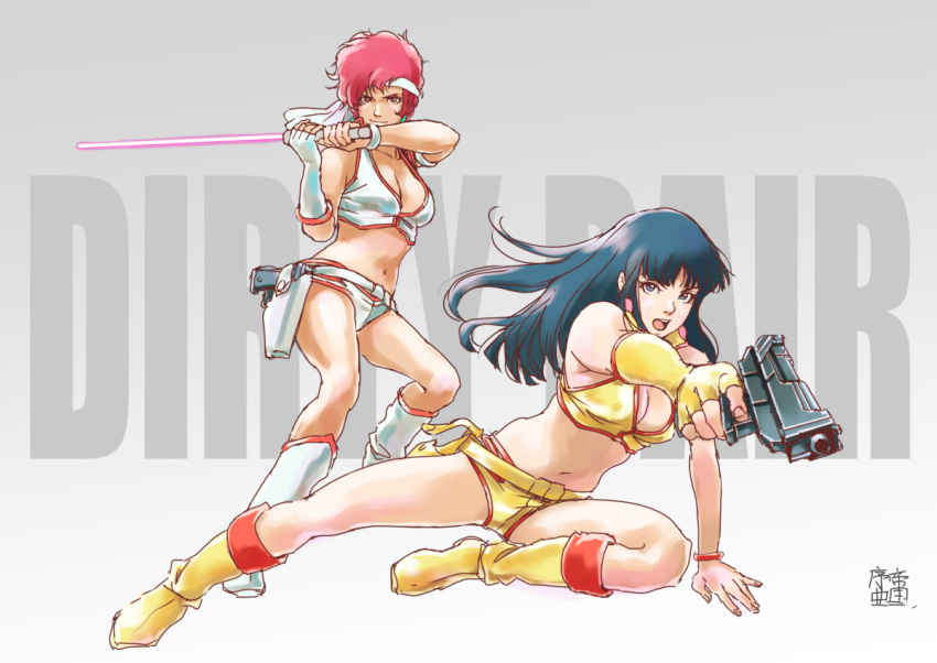 2girls arm_support asymmetrical_gloves beam_saber black_hair blue_eyes boots bracelet breasts cleavage crop_top dirty_pair fingerless_gloves floating_hair gloves gradient gradient_background grey_background gun holding holding_gun holding_sword holding_weapon holster jewelry kei_(dirty_pair) long_hair looking_at_viewer medium_breasts micro_shorts midriff multiple_girls navel oldschool open_mouth pink_eyes pink_hair short_hair shorts single_glove stance stomach sword teikoku_jokyoku weapon white_footwear white_gloves white_headband white_shorts yellow_footwear yellow_gloves yellow_shorts yuri_(dirty_pair)