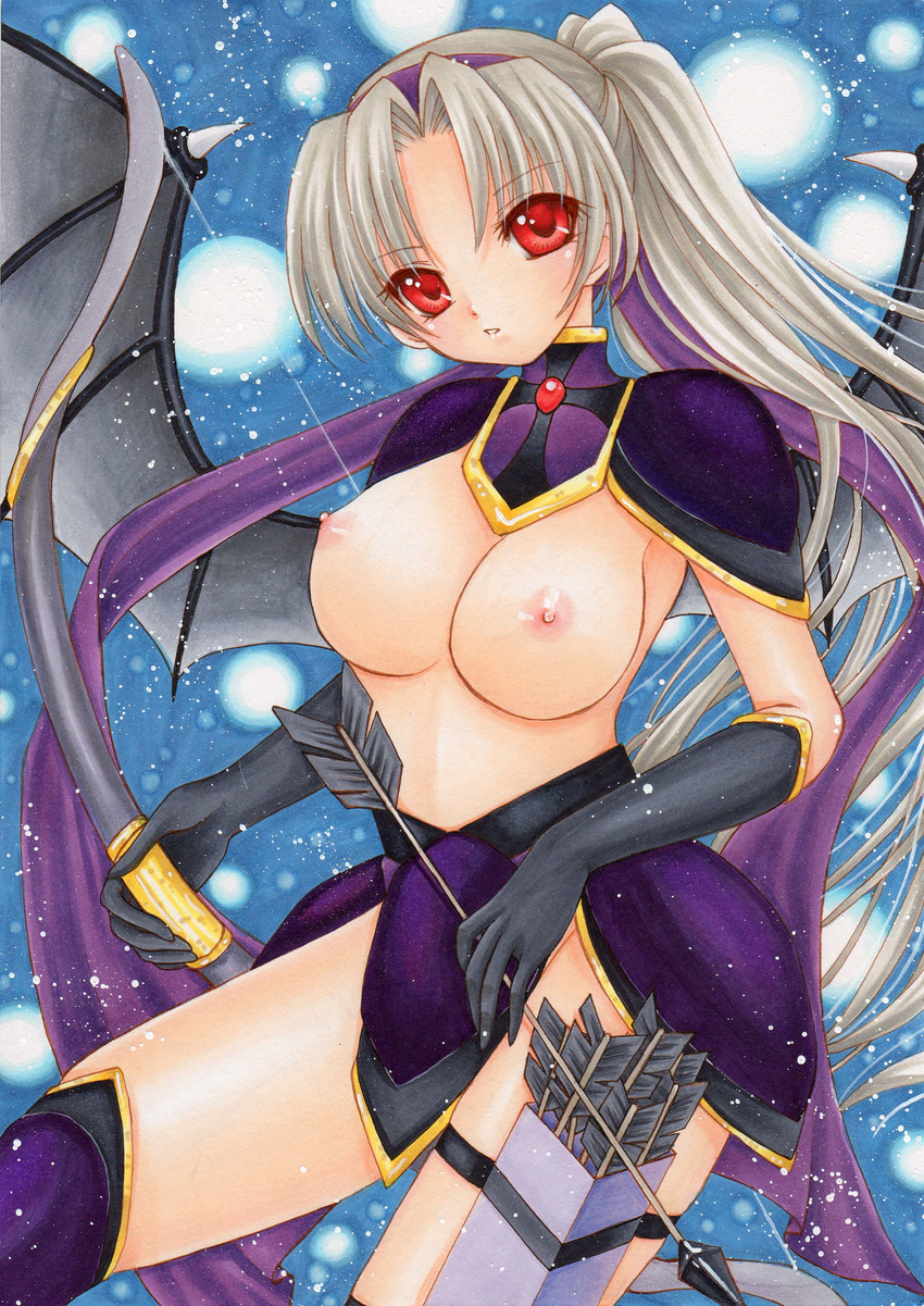 absurdres arrow black_gloves bow_(weapon) breasts demon_wings gloves head_tilt highres large_breasts long_hair looking_at_viewer marker_(medium) mocomoco_party nipples original ponytail quiver red_eyes ribbon silver_hair solo traditional_media weapon wings