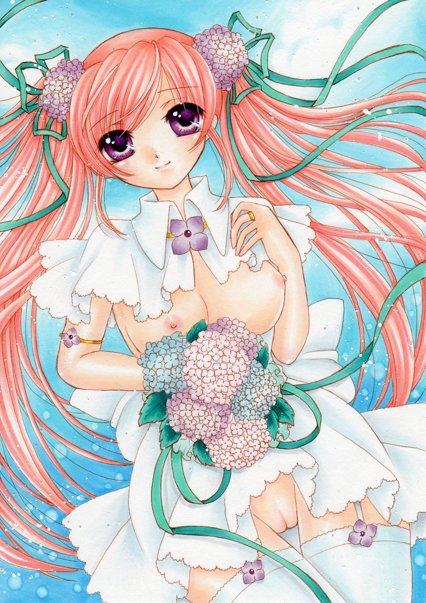 absurdres breasts dress flower garter_straps green_ribbon hair_flower hair_ornament hair_ribbon highres hydrangea jewelry large_breasts long_hair looking_at_viewer marker_(medium) mocomoco_party nipples no_panties original pink_hair purple_eyes pussy ribbon ring smile solo thighhighs traditional_media twintails uncensored wedding_dress white_legwear