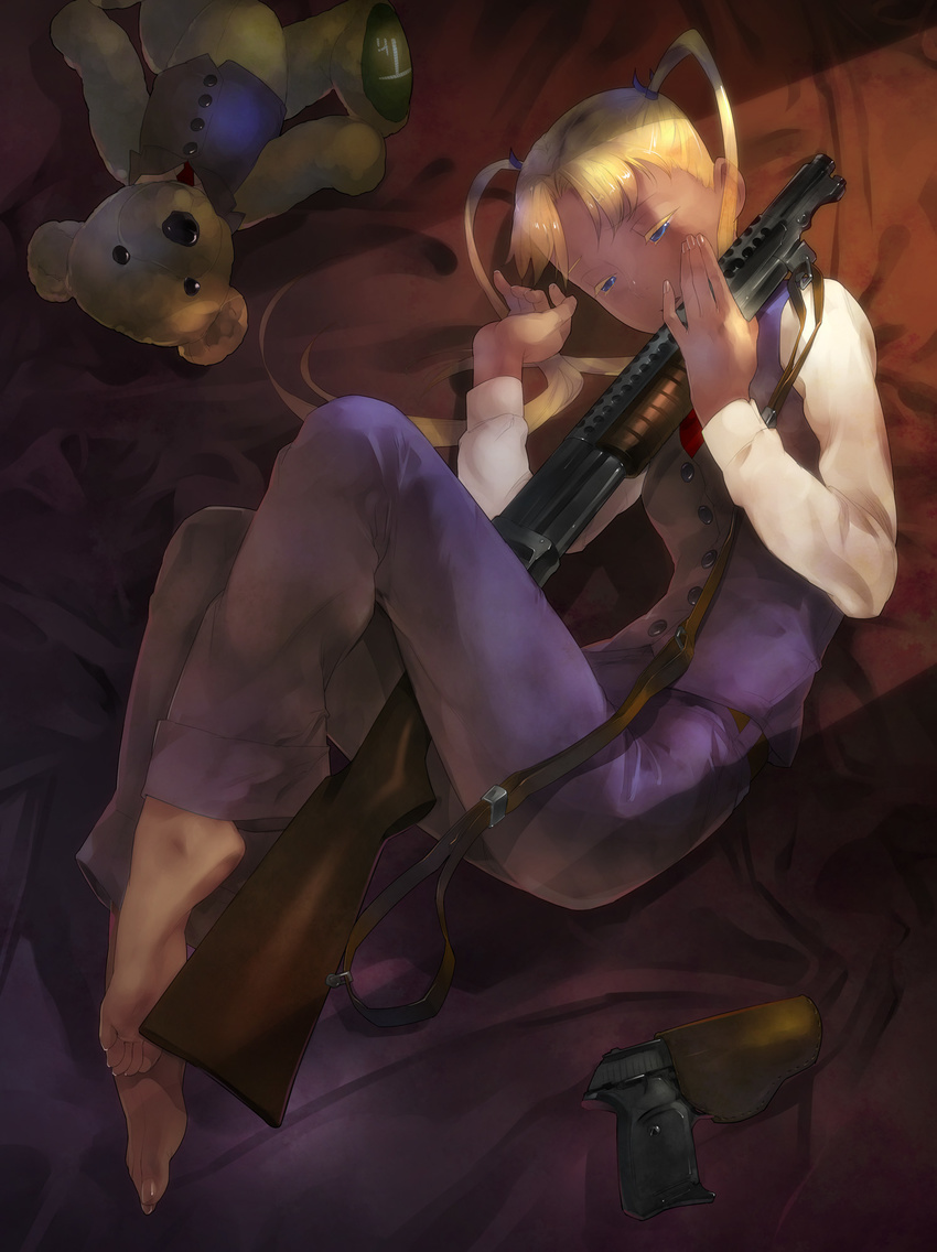 artist_request asa_(y-asa) barefoot blonde_hair blue_eyes dark_skin dirty_feet feet gun gunslinger_girl highres soles stuffed_animal stuffed_toy teddy_bear toes triela twintails weapon